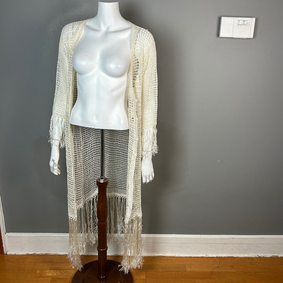 Vtg Crochet Longline Cardigan Duster Women's M Krochetta By Papillon Fringe